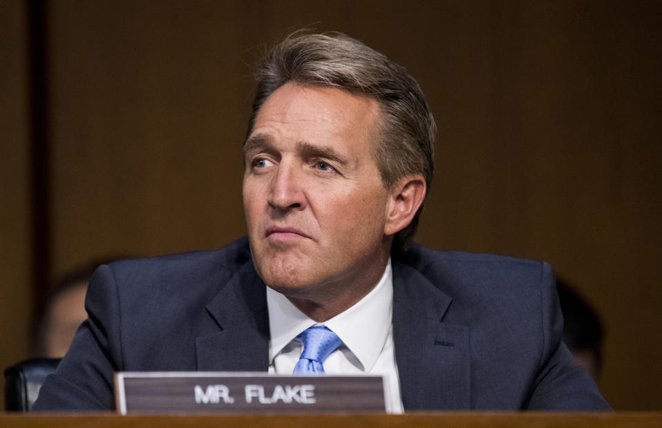 Sen. Jeff Flake, R-Ariz., listens as Attorney General Jeff Sessions testifies during the Senate Judiciary Committee hearing on “Oversight of the U.S. Department of Justice,” Oct. 18, 2017. (Photo: Bill Clark/CQ Roll Call/Getty Images)