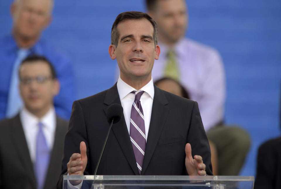 Los Angeles Mayor Eric Garcetti speaks in front of city hall after being sworn in on Sunday, June 30, 2013. (AP Photo/Mark J. Terrill)