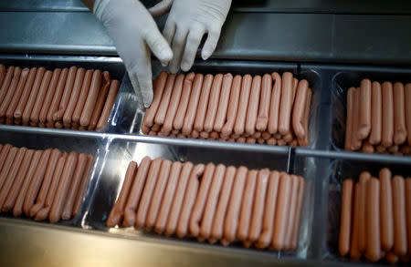 Workers work in sausages production section in Akova Impex Meat Industry Ovako, which makes halal quality certified products, in Sarajevo, Bosnia and Herzegovina, December 2, 2016. REUTERS/Dado Ruvic