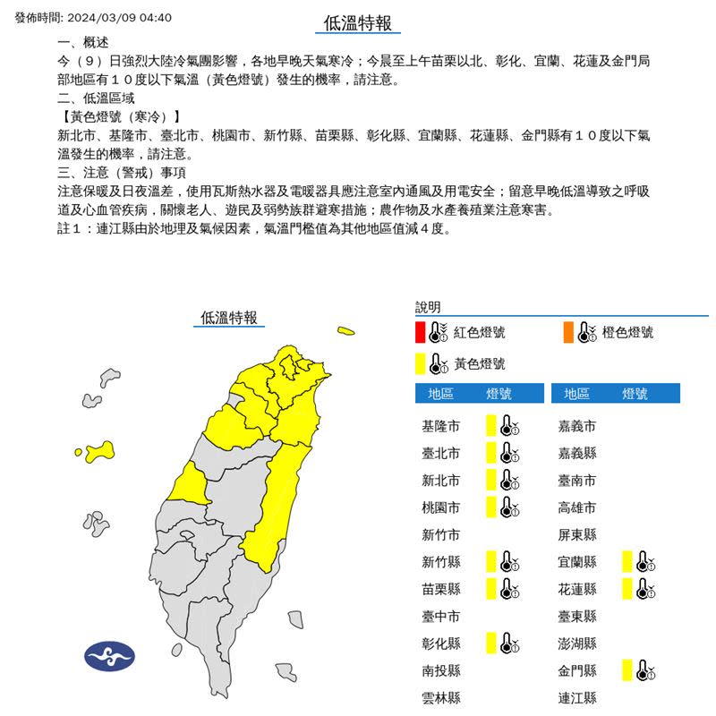 低溫特報。（圖／翻攝自中央氣象署）