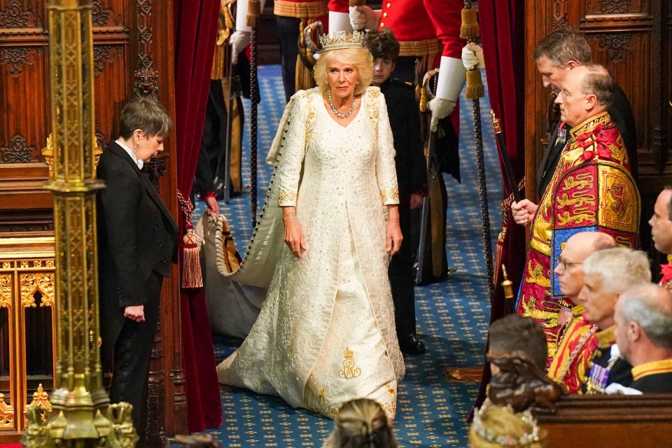 Queen Camilla re-wore her coronation dress for the State Opening of Parliament on Nov. 7, 2023.