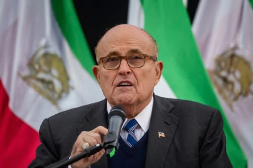 Former New York mayor Rudy Giuliani speaks during a rally in Warsaw of supporters of the National Council of Resistance of Iran, demanding tougher policy on Iran