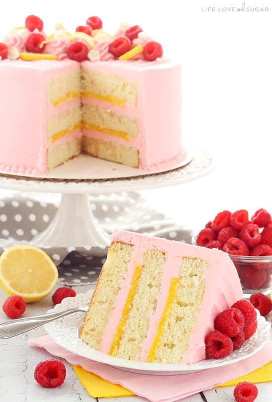 <p>Life Love and Sugar</p><p>This lemon raspberry layer cake has moist, light layers of lemon cake, lemon curd filling and a raspberry frosting. It’s decorated with buttercream, lemon slices and a few blossom flowers for a cake that’s perfect for summer!</p><p><strong>Get the recipe: <a href="https://www.lifeloveandsugar.com/lemon-raspberry-layer-cake/" rel="nofollow noopener" target="_blank" data-ylk="slk:Lemon Raspberry Layer Cake;elm:context_link;itc:0;sec:content-canvas" class="link ">Lemon Raspberry Layer Cake</a></strong></p>