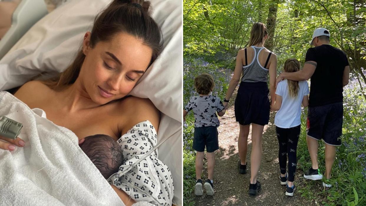 A split image of emily andre, peter andre and their children