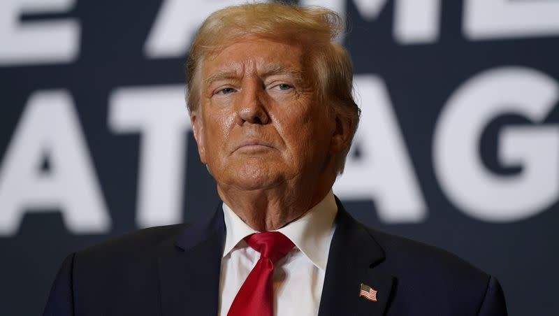 Former President Donald Trump arrives at a rally in Cedar Rapids, Iowa, on Saturday, Oct. 7, 2023.