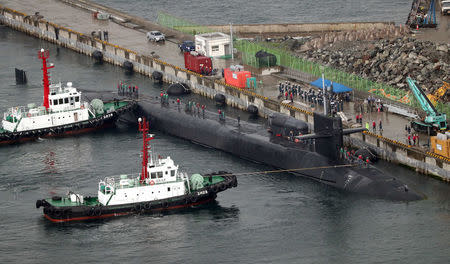The USS Michigan, an Ohio-class nuclear-powered submarine, arrives at a naval base in Busan, South Korea, April 25, 2017. Cho Jueong-ho/Yonhap via REUTERS