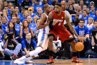 OKLAHOMA CITY, OK - JUNE 12: LeBron James #6 of the Miami Heat posts up Kevin Durant #35 of the Oklahoma City Thunder in the second quarter in Game One of the 2012 NBA Finals at Chesapeake Energy Arena on June 12, 2012 in Oklahoma City, Oklahoma. NOTE TO USER: User expressly acknowledges and agrees that, by downloading and or using this photograph, User is consenting to the terms and conditions of the Getty Images License Agreement. (Photo by Ronald Martinez/Getty Images)