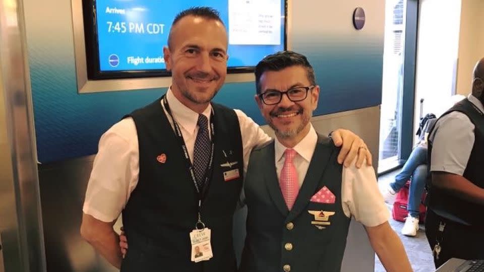 Guillermo followed in Larry's footsteps and became a flight attendant in 2018. - Courtesy of Guillermo Barrantes and Larry Mock