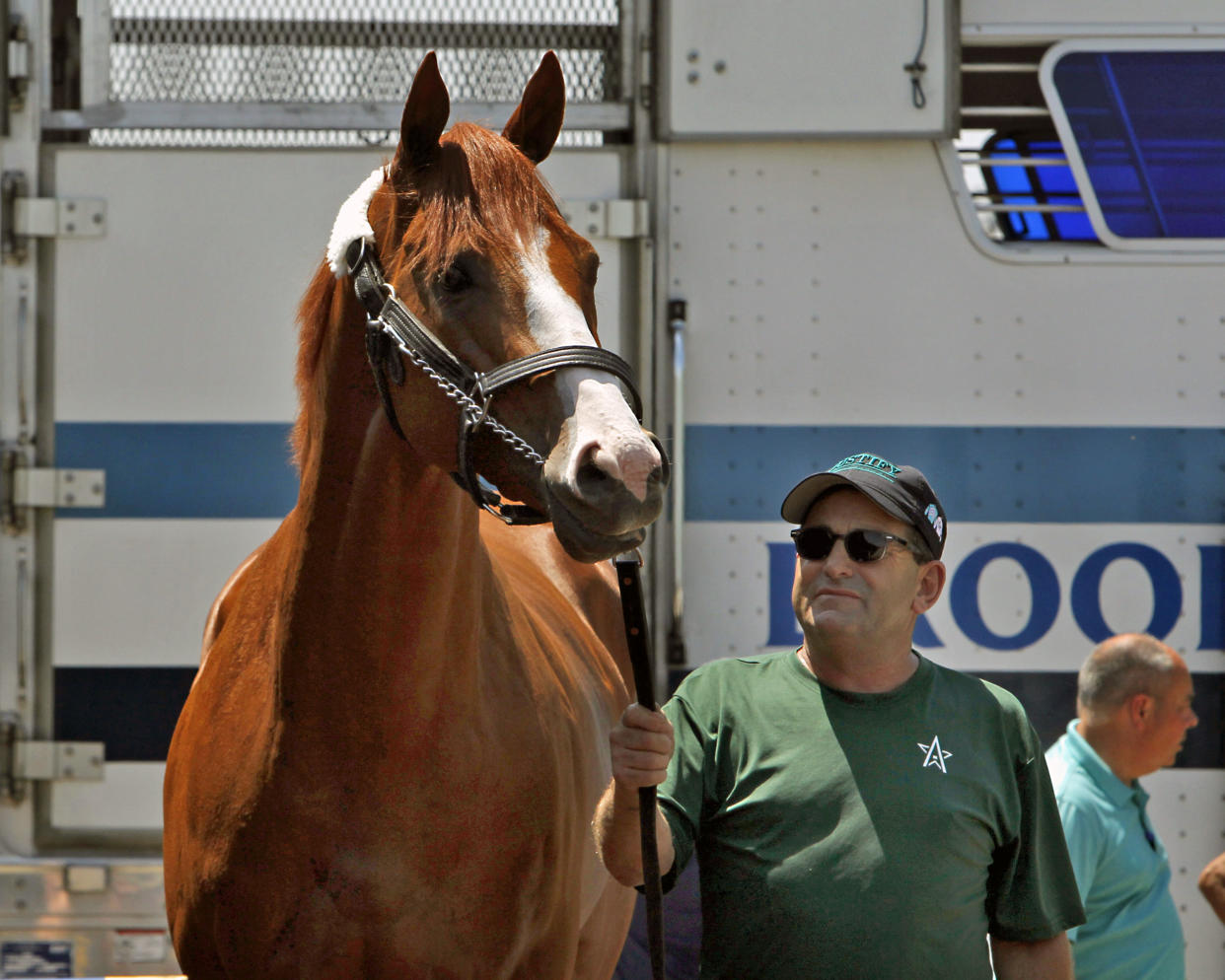 Just one win shy of the Triple Crown, Justify’s breeding rights have reportedly been sold ahead of the Belmont Stakes for more than $60 million. (AP/Garry Jones)