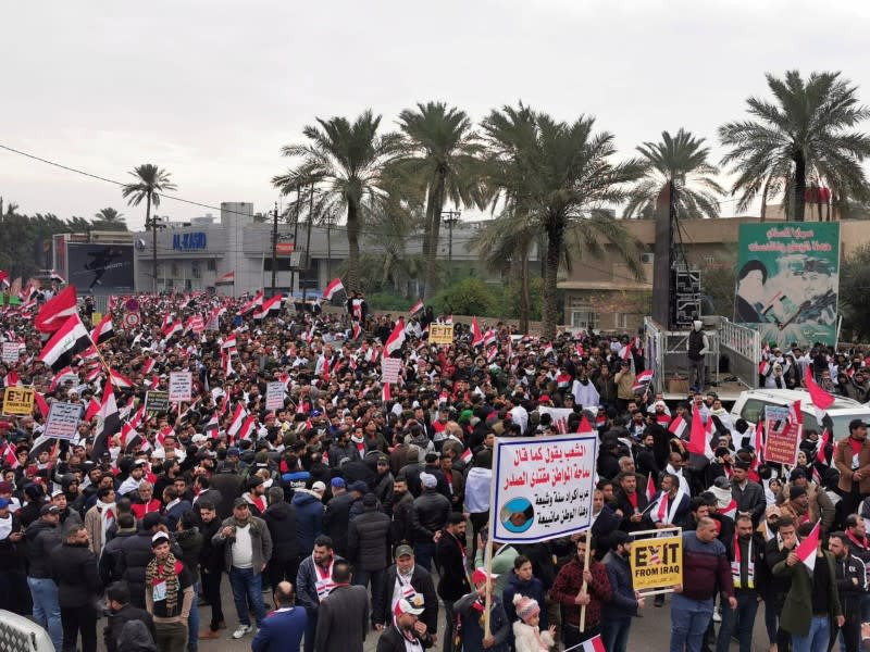 Supporters of Iraqi Shi'ite cleric Moqtada al-Sadr protest against what they say is U.S. presence and violations in Iraq, during a demonstration in Baghdad