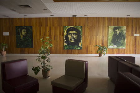 Paintings depicting Cuba's revolutionary hero Ernesto 'Che' Guevara hang on the wall of the entrance hall of Cuba's Center for Genetic Engineering and Biotechnology in Havana, May 11, 2015. REUTERS/Alexandre Meneghini