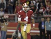 Nov 1, 2018; Santa Clara, CA, USA; San Francisco 49ers quarterback Nick Mullens (4) celebrates after a touchdown against the Oakland Raiders at Levi's Stadium. The 49ers defeated the Raiders 34-3. Mandatory Credit: Kirby Lee-USA TODAY Sports