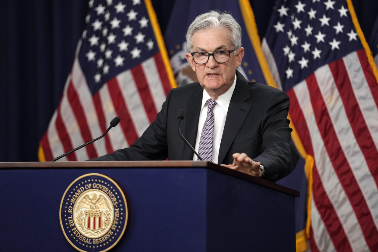 Federal Reserve Chairman Jerome Powell speaks during a news conference in Washington, Wednesday, May 3, 2023, following the Federal Open Market Committee meeting. U.S. stock futures rose Friday morning as investors await the Labor Department's closely watched April jobs report, set for release at 8:30am ET. (AP Photo/Carolyn Kaster)