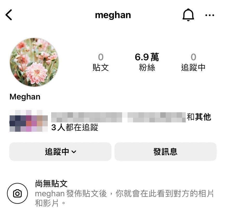 這支「@meghan」IG帳號，被爆是梅根悄悄開設的。（翻攝IG）