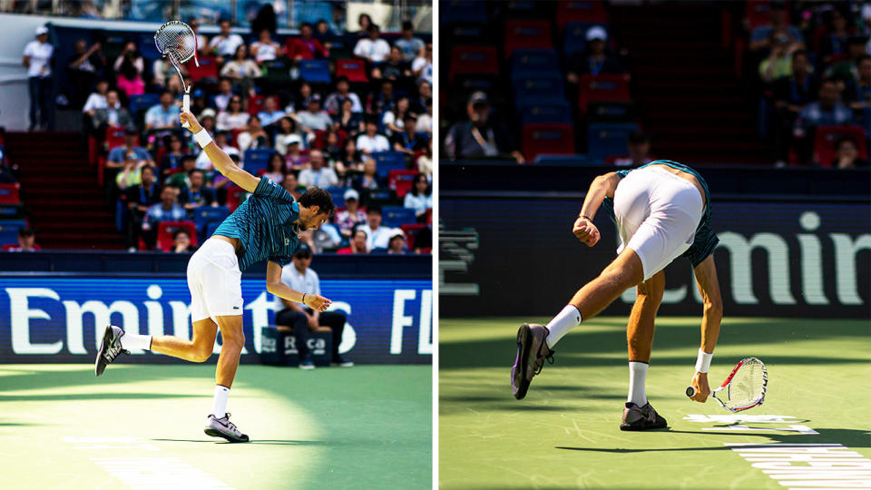 Daniil Medvedev smashes his racket in anger during his match against Vasek Pospisil.