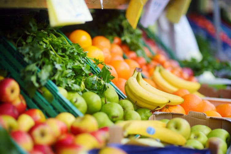 Crates of fresh fruit.