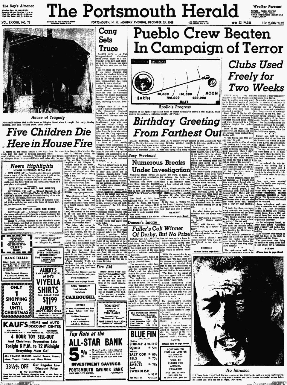 The deaths of five McLaughlin children were reported on page 1 in the Dec. 23, 1968 Portsmouth Herald. Deputy Fire Chief Donald Lane told the newspaper that he "never felt more helpless in my life" when firefighters arrived at the burning home on Islington Street and realized the children couldn't be rescued.