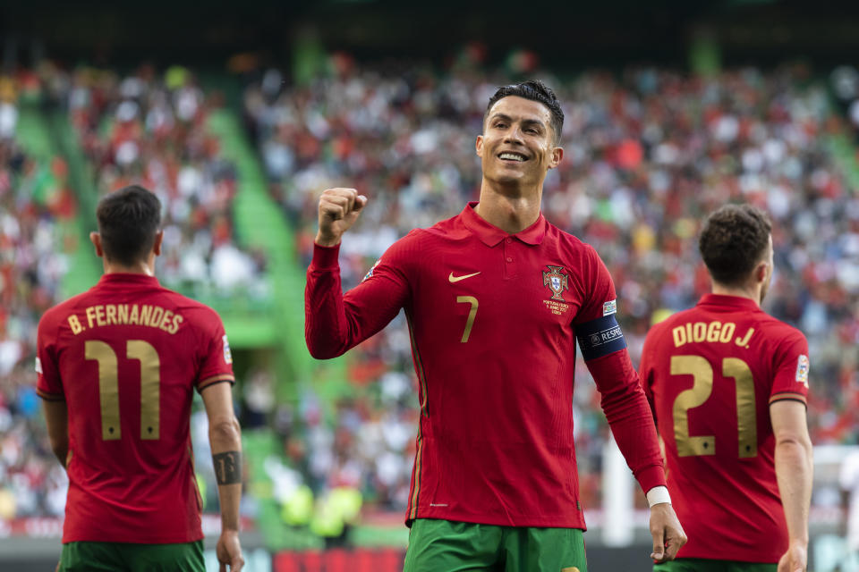 LISBON, PORTUGAL - 2022/06/05: Cristiano Ronaldo of Portugal celebrates after scoring a goal during the UEFA Nations League match between Portugal and Switzerland at Alvalade stadium. Final score; Portugal 4:0 Switzerland. (Photo by Hugo Amaral/SOPA Images/LightRocket via Getty Images)