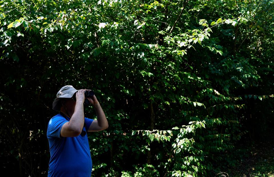 Mark Schroeder looks through binoculars at birds during a birdwatching for beginners tour July 2 at Scioto Audubon Metro Park in Columbus.