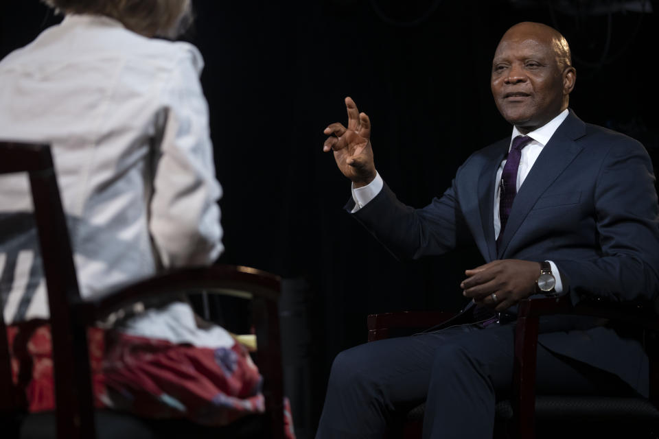 FILE - John Nkengasong, head of the U.S. President's Emergency Plan for AIDS Relief (PEPFAR), speaks during an interview on Aug. 29, 2023, in Washington. Nkengasong spoke to The Associated Press about his experience, at a period when challenges by anti-abortion groups and House Republican have made the future of PEPFAR uncertain. (AP Photo/Mark Schiefelbein, File)