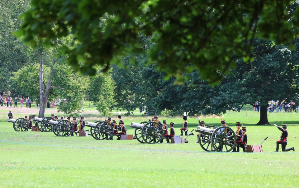 Members of the the Honourable Artillery Company take their positions ahead of the salute