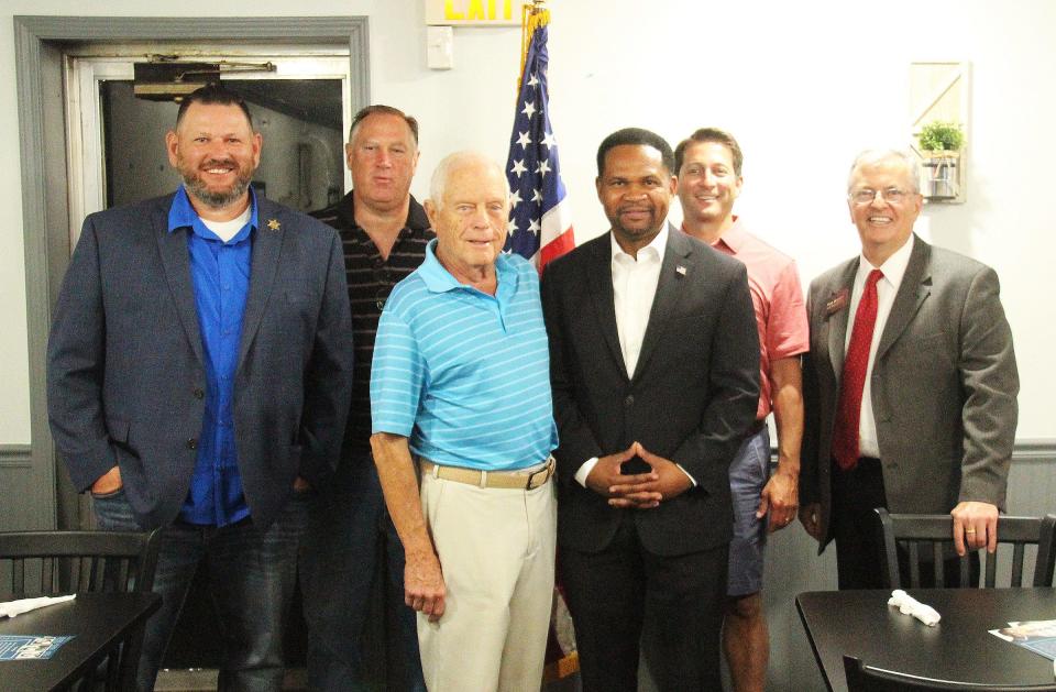 Republican leaders gathered in May to support Richard Irvin's run for governor. Among those on hand were former Sen. Jason Barickman, second from right, and new Sen. Tom Bennett. Also in the photo are, from left, retired Sheriff Jeff Hamilton, former Livingston County Republican Chairman Kelly Kinate, former Rep. Thomas Ewing and Irvin.