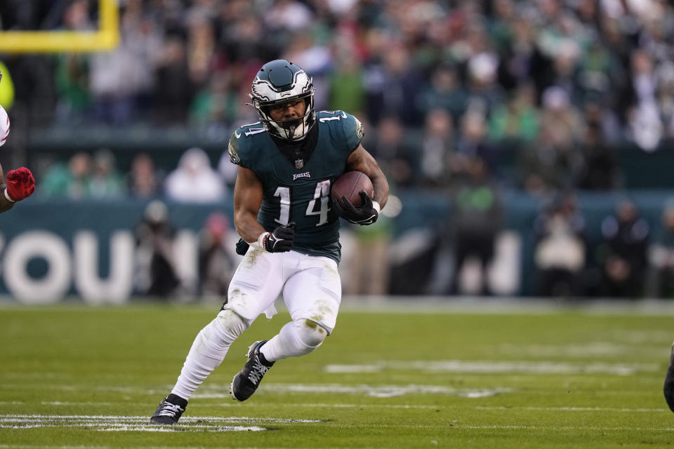 Philadelphia Eagles running back Kenneth Gainwell in action during the NFC Championship NFL football game on Sunday, Jan. 29, 2023, in Philadelphia. (AP Photo/Matt Rourke)