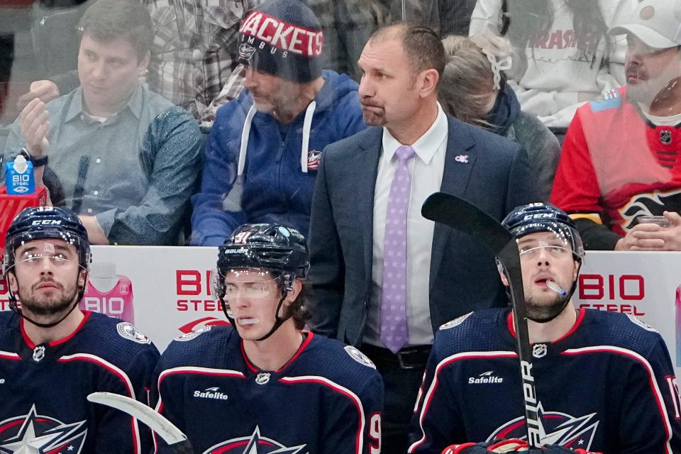 Nov 15, 2022; Columbus, Ohio, USA;  Columbus Blue Jackets Brad Larsen watches from the bench during the second period of the NHL hockey game against the Philadelphia Flyers at Nationwide Arena. Mandatory Credit: Adam Cairns-The Columbus Dispatch