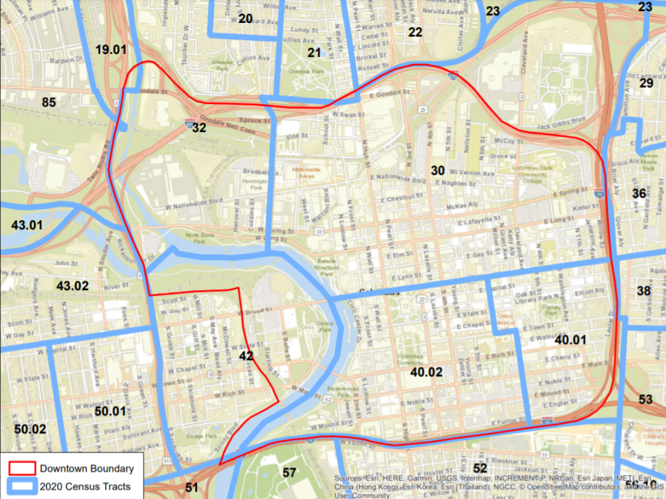 A map of downtown Columbus is superimposed over a map of census tracts.