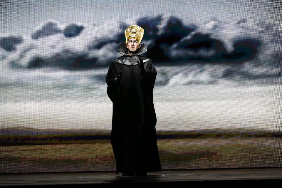 In this April 12, 2013 photo provided by the New York City Opera, Wayne Tigges as Faraone (Pharaoh) performs during the New York City Opera's final dress rehearsal of Rossini's rarely performed "Mose in Egitto (Moses in Egypt)," at the City Center in New York. (AP Photo/New York City Opera, Carol Rosegg)