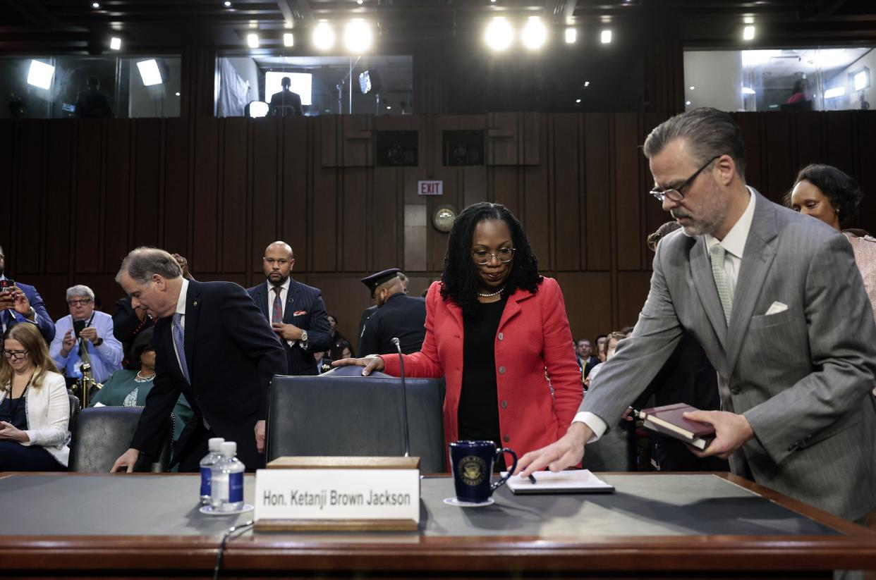 U.S. Supreme Court nominee Judge Ketanji Brown Jackson arrives for her confirmation hearing before the Senate Judiciary Committee, joined by her husband Patrick Jackson (R), in the Hart Senate Office Building on Capitol Hill on March 22, 2022, in Washington, DC.