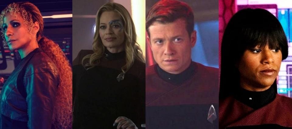 The crew of the EnterpriseG, Raffi, Seven of Nine, Jack Crusher, and Sidney La Forge.