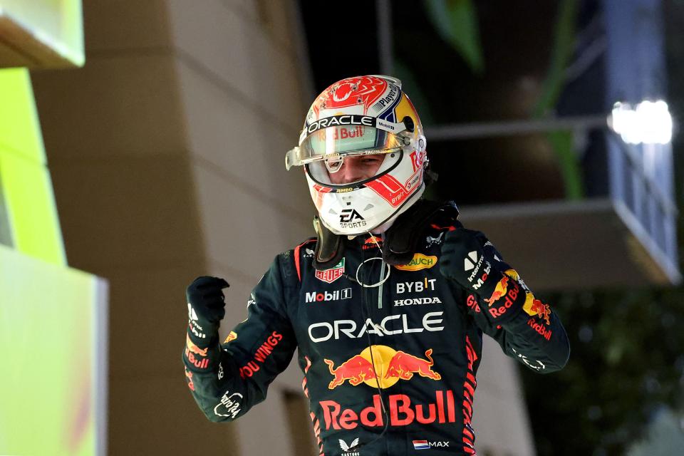 Max Verstappen celebrates on the podium after winning the Bahrain Formula One Grand Prix at the Bahrain International Circuit in Sakhir on March 5, 2023.