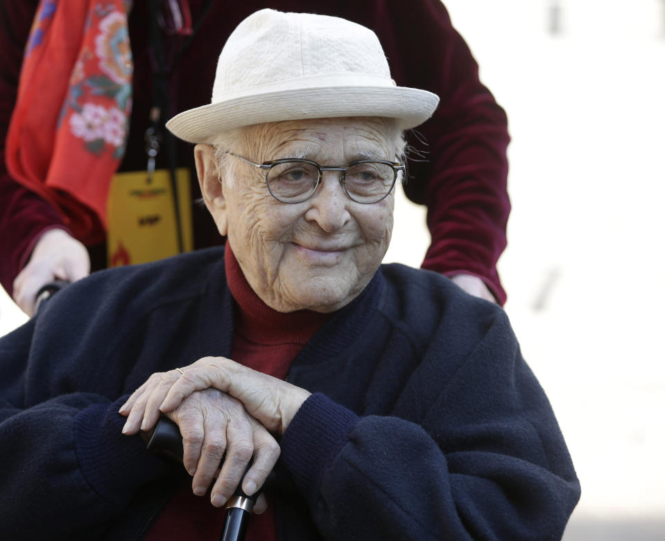 FILE - Writer Norman Lear, 97, participates in Jane Fonda's Fire Drill Fridays rally, calling for action to address climate change at Los Angeles City Hall Friday, Feb. 7, 2020. Lear, the writer, director and producer who revolutionized prime time television with such topical hits as "All in the Family" and “Maude” and propelled political and social turmoil into the once-insulated world of sitcoms, has died, Tuesday, Dec. 5, 2023.. He was 101. (AP Photo/Damian Dovarganes, File)