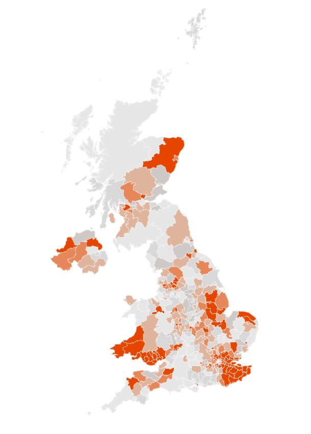 The map shows predictions for the number of COIVD-19 hotspots on 19 December, the deeper the shade of orange the likelier it is the local authority is a hotspot. (Imperial College London)