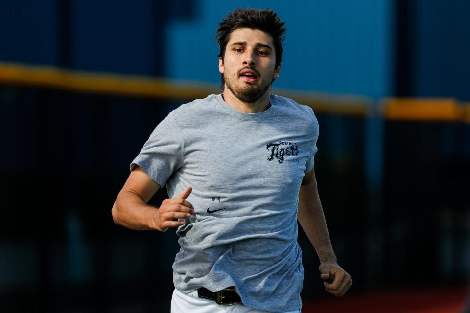 Detroit Tigers pitcher Alex Faedo works out during spring training at Tigertown in Lakeland, Fla. on Tuesday, Feb. 13, 2024.