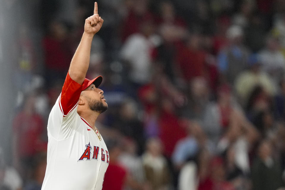 Los Angeles Angels relief pitcher Carlos Estevez celebrates the final out the tema's baseball game against the Detroit Tigers, Friday, June 28, 2024, in Anaheim, Calif. (AP Photo/Ryan Sun)