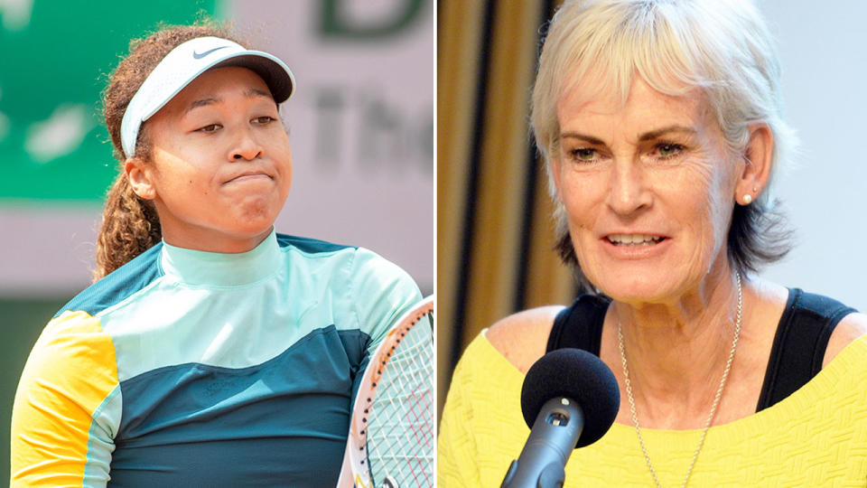 Pictured right, iconic tennis mum Judy Murray and Naomi Osaka in training on the left.