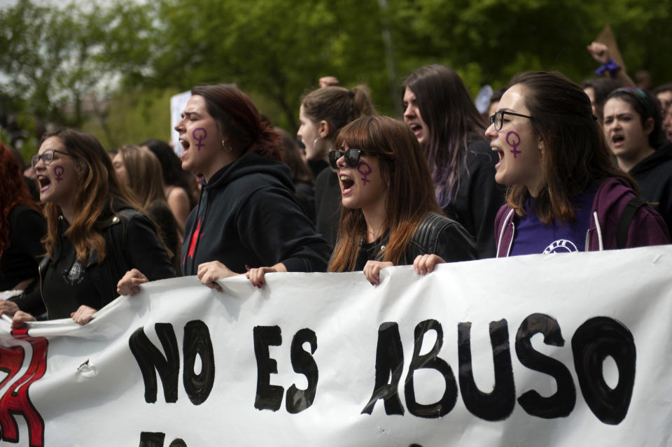 Demonstrators in Pamplona chant and hold banners&nbsp;that read, "It is not abuse, it is assault" after the verdict was reached. (Photo: Gari Garaialde via Getty Images)
