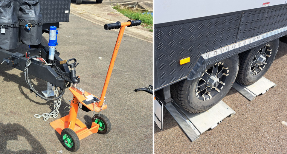 Specialized weighing equipment attached to a caravan.