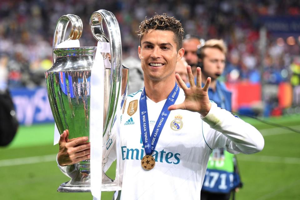 Real Madrid's Cristiano Ronaldo lifts The UEFA Champions League trophy following his sides victory in the 2018 UEFA Champions League Final vs Liverpool at NSC Olimpiyskiy Stadium in Kiev, Ukraine (Getty Images)