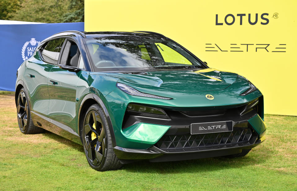 WOODSTOCK, ENGLAND - SEPTEMBER 01: An All-electric Lotus Eletre Hyper SUV is displayed during the Salon Privé 2023 at Blenheim Palace on September 01, 2023 in Woodstock, England. The four-day annual event is the UK's longstanding celebration of all things motor, with rare collector cars and luxury brands, and culminating in a public day showcasing supercars and classics on September 2. (Photo by John Keeble/Getty Images)