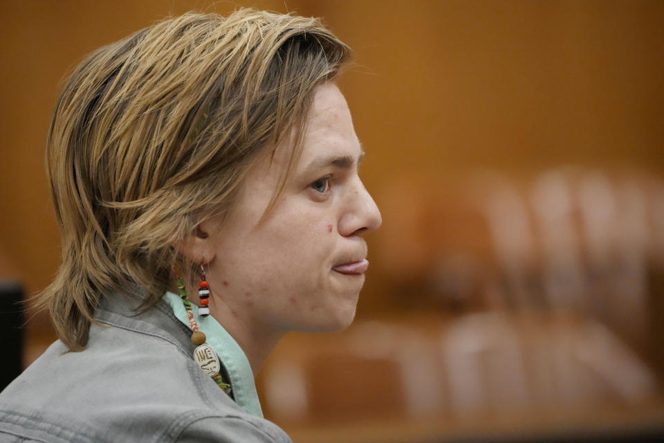 Karissa Bowley, wife of the late Dau Mabil, a 33-year-old Jackson, Miss., resident who went missing on March 25 and whose body was found in April floating in the Pearl River in Lawrence County, waits for questioning to resume during a hearing, on whether a judge should dissolve or modify his injunction preventing the release of Mabil's remains until an independent autopsy could be conducted, Tuesday, April 30, 2024, in Jackson, Miss. (AP Photo/Rogelio V. Solis)
