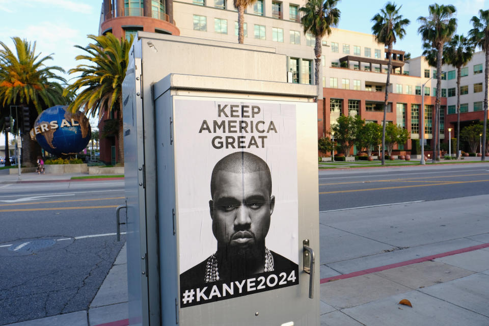 Kanye West tweeted an image containing these posters on Monday -- then quickly deleted it, according to a British music magazine. (Photo: Amanda Edwards via Getty Images)