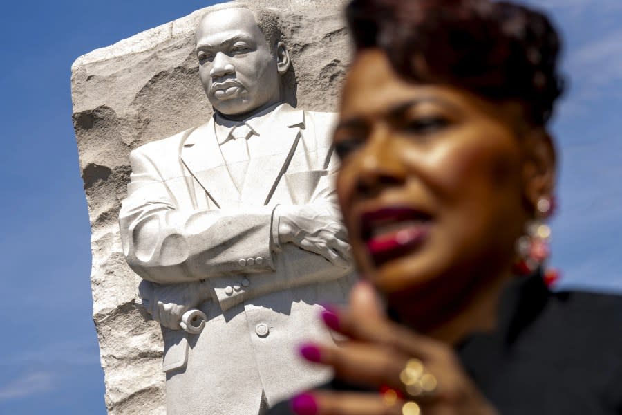 Bernice King, the daughter of Martin Luther King, Jr., speaks during an interview with The Associated Press at the Martin Luther King, Jr., Memorial in Washington, Friday, Aug. 25, 2023. (AP Photo/Andrew Harnik)