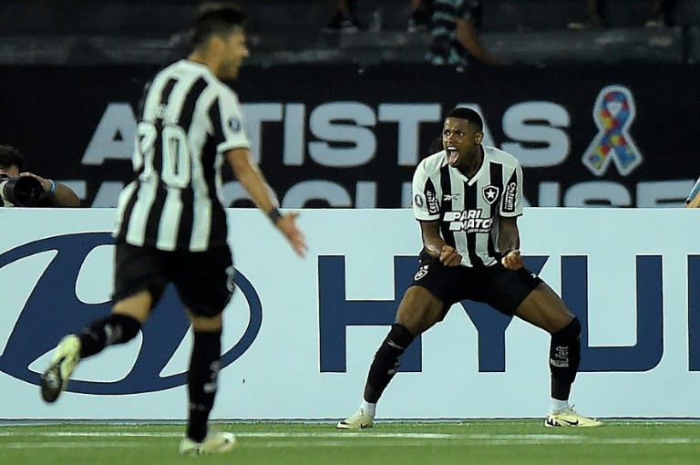 Junior Santos (D) celebra un gol de Botafogo ante Liga de Quito en la Copa Libertadores el 8 de mayo de 2024 en Rio de Janeiro (ALEXANDRE LOUREIRO)