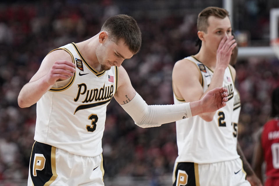 Purdue guard Braden Smith (3) reacts after a foul call against NC State during the first half of the NCAA college basketball game at the Final Four, Saturday, April 6, 2024, in Glendale, Ariz. (AP Photo/Brynn Anderson )