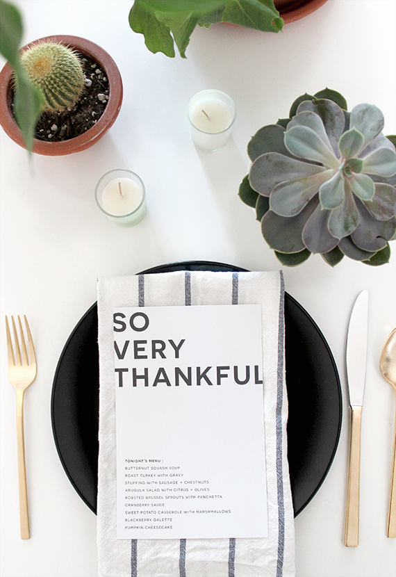 <p>For an ultra-modern minimalist look, stick to a white, gold, and black color scheme, which you can soften with succulents and tea candles. Provide guests with menus as well so they know what's coming. </p><p><strong><em><a href="https://almostmakesperfect.com/printable-thanksgiving-menus/" rel="nofollow noopener" target="_blank" data-ylk="slk:Get the tutorial at Almost Makes Perfect;elm:context_link;itc:0;sec:content-canvas" class="link ">Get the tutorial at Almost Makes Perfect</a>. </em></strong></p><p><a class="link " href="https://www.amazon.com/Urban-Villa-Horizontal-Stripes-Napkins/dp/B07WPFKLSN?tag=syn-yahoo-20&ascsubtag=%5Bartid%7C10070.g.23289609%5Bsrc%7Cyahoo-us" rel="nofollow noopener" target="_blank" data-ylk="slk:SHOP STRIPED NAPKINS;elm:context_link;itc:0;sec:content-canvas">SHOP STRIPED NAPKINS</a></p>