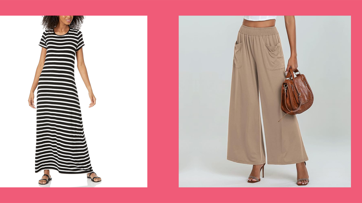 maxi dress with stripes and beige palazzo pants