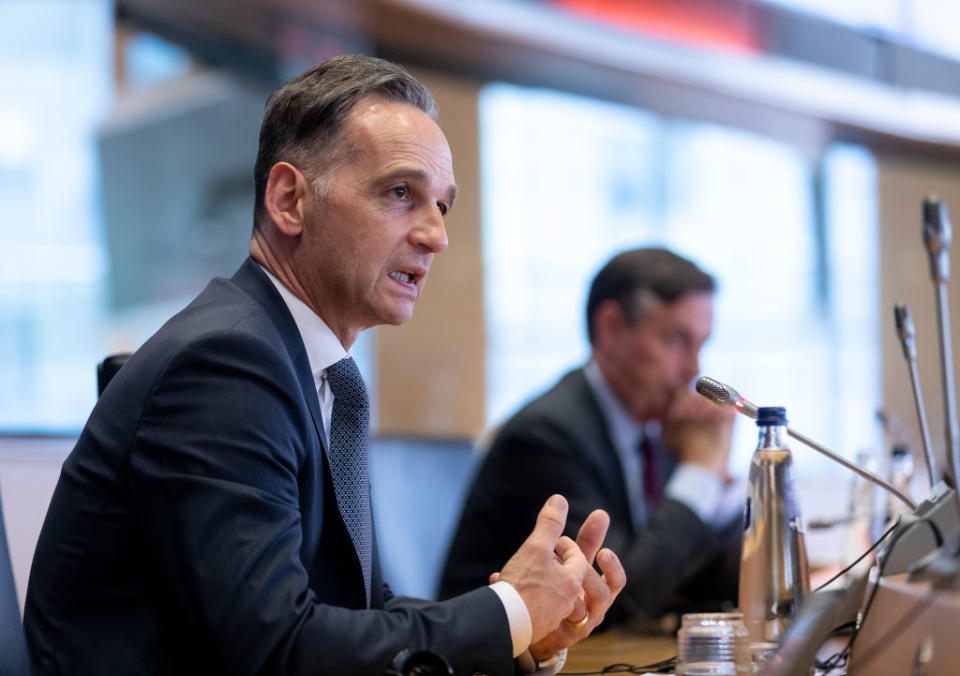 BRUSSELS, BELGIUM - JULY 13: Federal Minister for Foreign Affairs of Germany Heiko Maas, explains the priorities of the German Presidency of the Council of the European Union at the European Parliament building in Brussels, on July 13, 2020. Back is the German Member of the European Parliament (Group of the European People's Party (Christian Democrats) - Christlich Demokratische Union Deutschlands) David James McAllister. (Photo by Thierry Monasse/Getty Images)